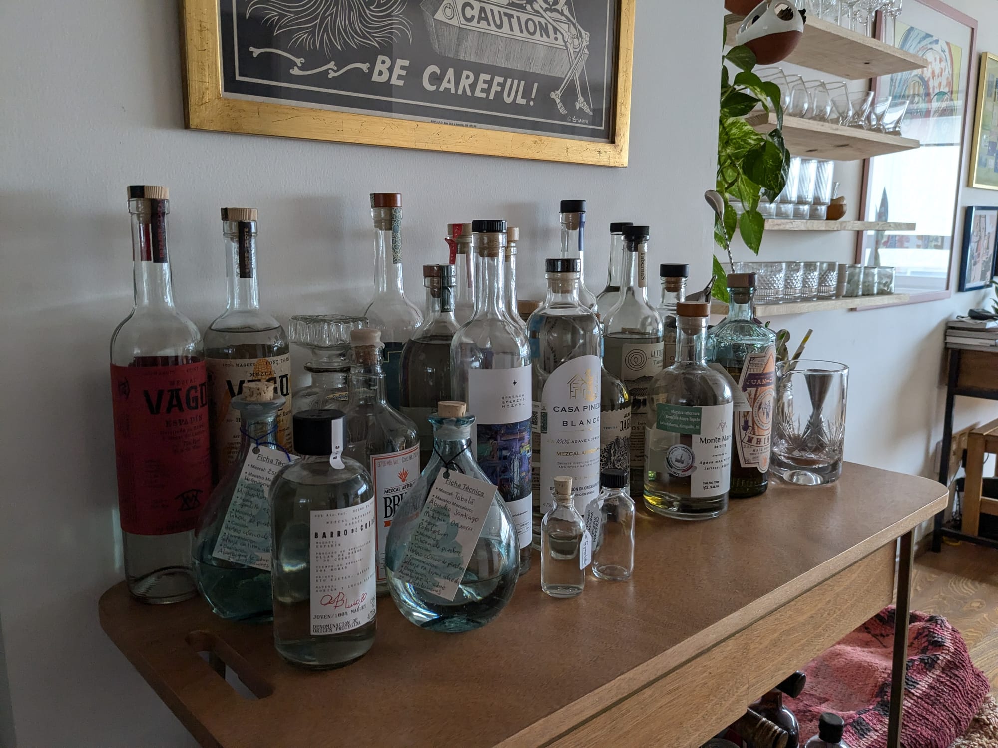 A dozen bottles of mezcal, varying shapes and sizes, on the top shelf of a bar cart. There is art, plants, and shelves of glassware in the background so it's obviously inside a home.